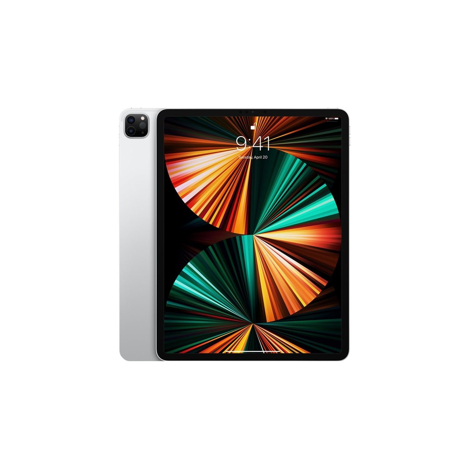 Silver Apple iPad Pro 5th Gen with a 12.9-inch display, featuring a vibrant, colorful screen design and sleek, minimalist aluminum body.