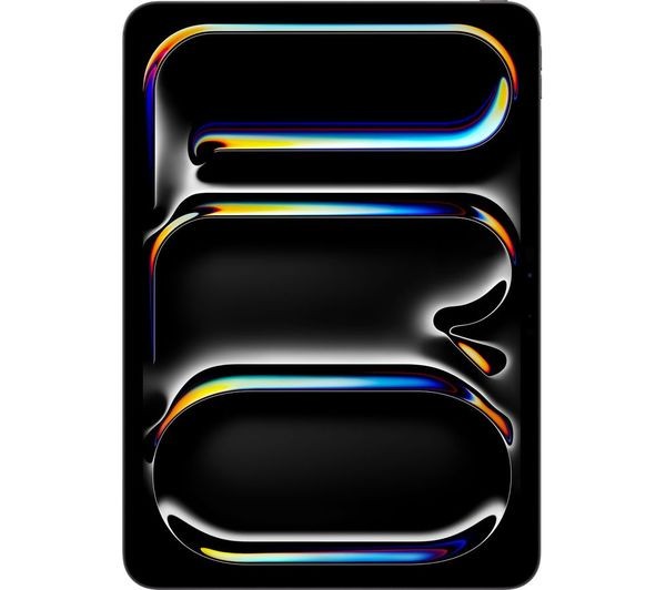 Sleek Space Black Apple 11" iPad Pro (2024) with a glossy finish, featuring vibrant, colorful abstract shapes on the screen, showcasing its modern design and high-tech appeal.