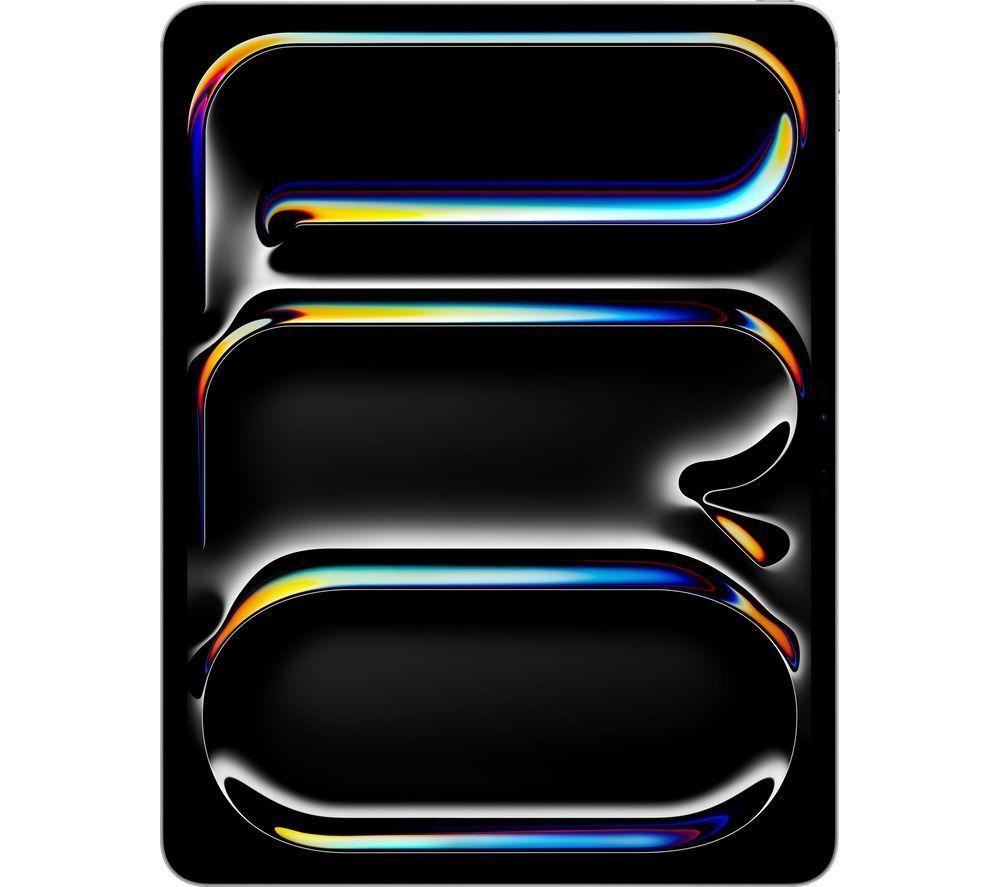 Silver Apple 11" iPad Pro (2024) with a sleek design, featuring a vibrant, colorful abstract pattern on the screen and a smooth, metallic finish on the back.