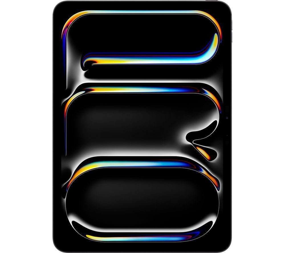 Black Apple iPad Pro 7th Gen, 11-inch, featuring a sleek design with a vibrant, glossy display and colorful abstract graphics on a smooth surface.