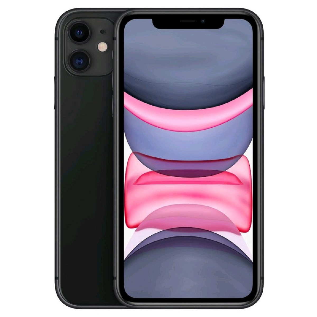 Black Apple iPhone 11 with a 128GB capacity, featuring a sleek glass front and back, dual rear cameras, and a vibrant display showcasing colorful abstract graphics.