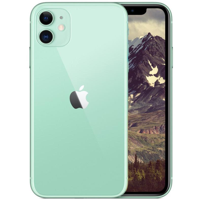 Green Apple iPhone 11 with 128GB capacity, featuring a sleek glass back, dual-camera setup, and a vibrant display showcasing a mountain landscape.