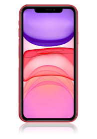 Red Apple iPhone 11 with a 128GB capacity, featuring a sleek glass front and back, a dual-camera system, and a vibrant display showcasing colorful app icons.