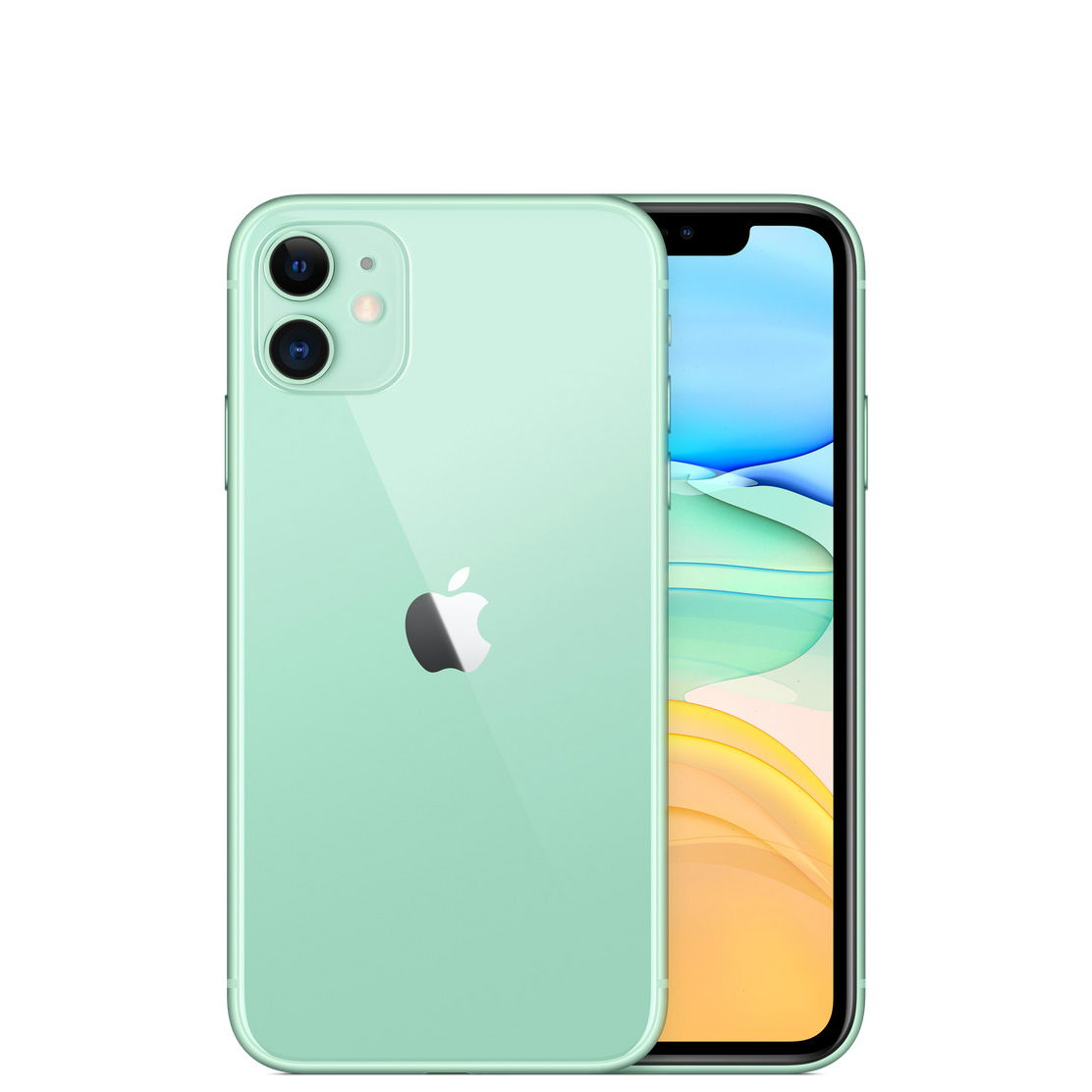 Green Apple iPhone 11 with a 64GB capacity, featuring a dual-camera system and sleek glass back, displayed from both front and back angles.