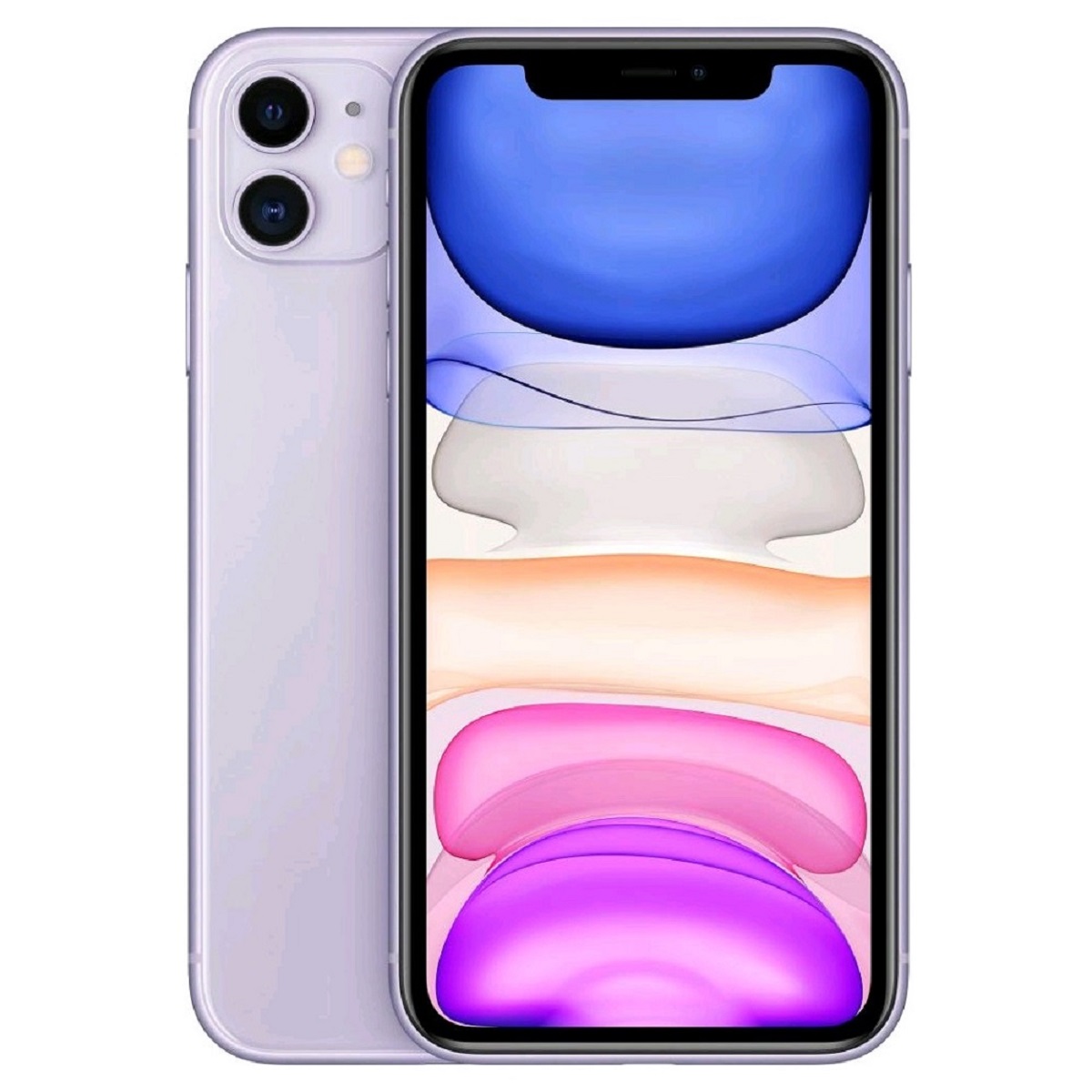Purple Apple iPhone 11 with a 64GB capacity, featuring a dual-camera setup on the back and a vibrant display showcasing colorful app icons.