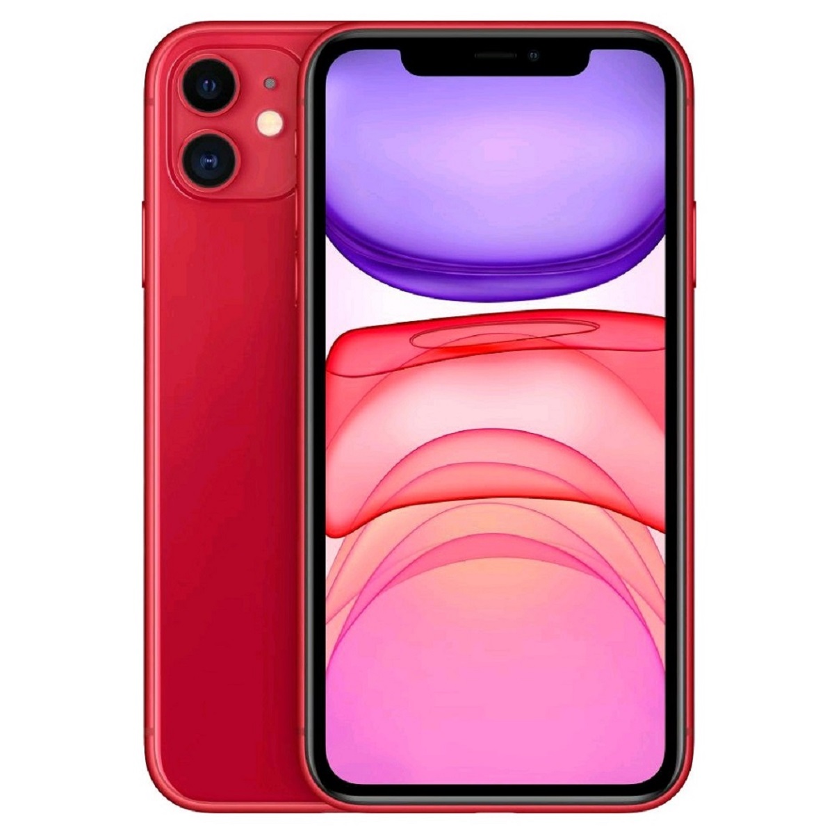 Red Apple iPhone 11 with a 64GB capacity, featuring a sleek design, dual rear cameras, and a vibrant display showcasing colorful graphics.