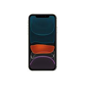 White Apple iPhone 11 with a 64GB capacity, featuring a sleek glass front and back, and a dual-camera system, displayed with colorful app icons on the screen.
