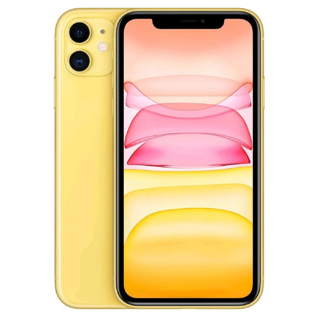 Yellow Apple iPhone 11 with a 64GB capacity, featuring a sleek design, dual rear cameras, and a vibrant display showcasing pink and yellow graphics.