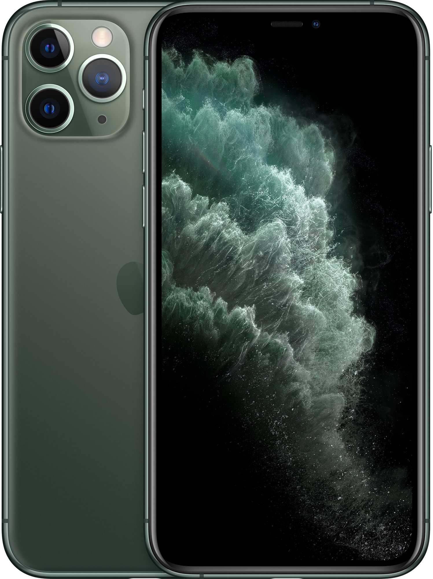 Midnight green Apple iPhone 11 Pro with a 256GB capacity, featuring a triple-camera system and a sleek glass back, showcasing a vibrant display with abstract visuals.