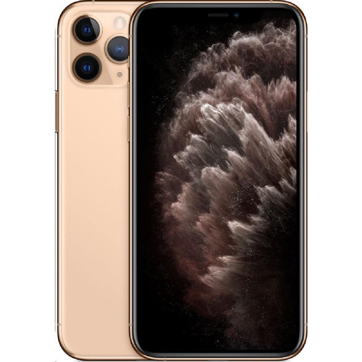 Gold Apple iPhone 11 Pro with a 64GB capacity, featuring a sleek glass back, three rear cameras, and a vibrant display showcasing a dark, textured wallpaper.
