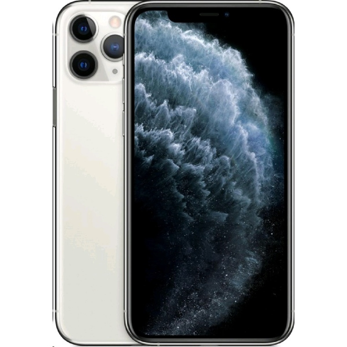 Silver Apple iPhone 11 Pro with a 64GB capacity, featuring a sleek glass back, triple-camera system, and a vibrant display showcasing a dark, swirling design.
