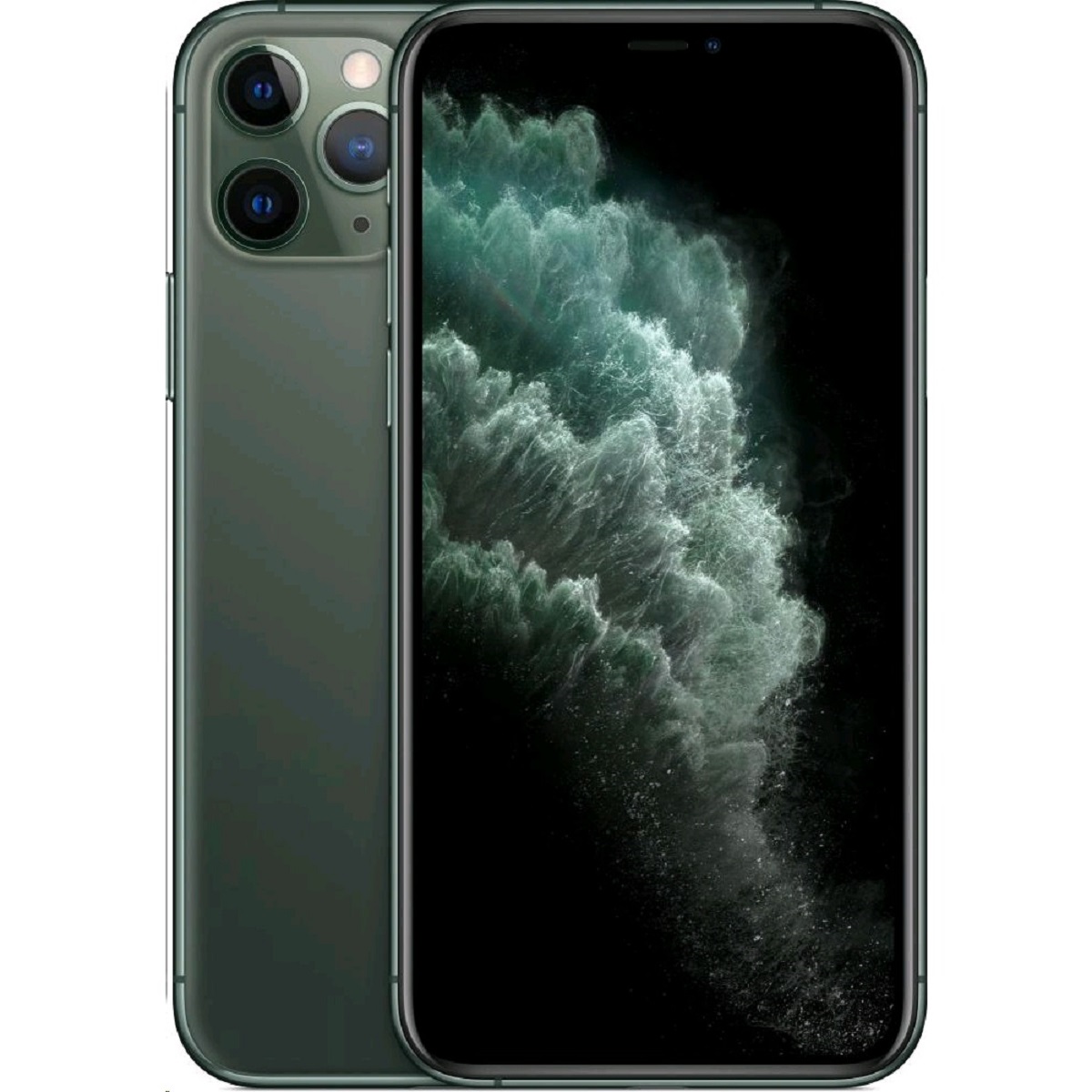 Midnight Green Apple iPhone 11 Pro Max with a 256GB capacity, featuring a sleek glass back, triple camera system, and a vibrant display showcasing a dark, swirling pattern.