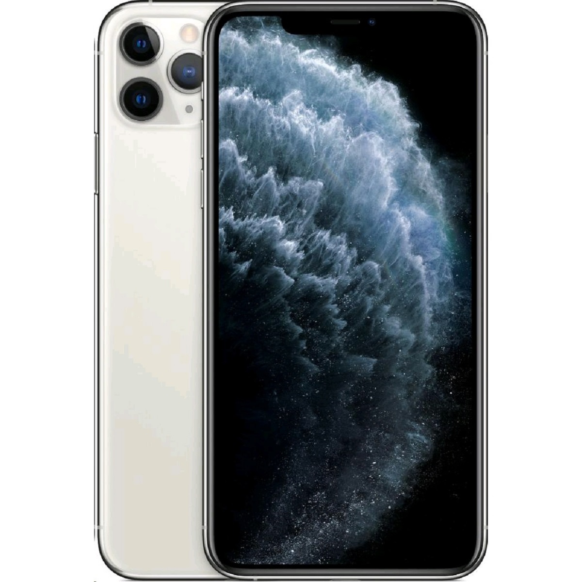 Silver Apple iPhone 11 Pro Max with 256GB capacity, featuring a sleek glass and metal design, triple rear camera setup, and vibrant display showcasing a dark, swirling background.