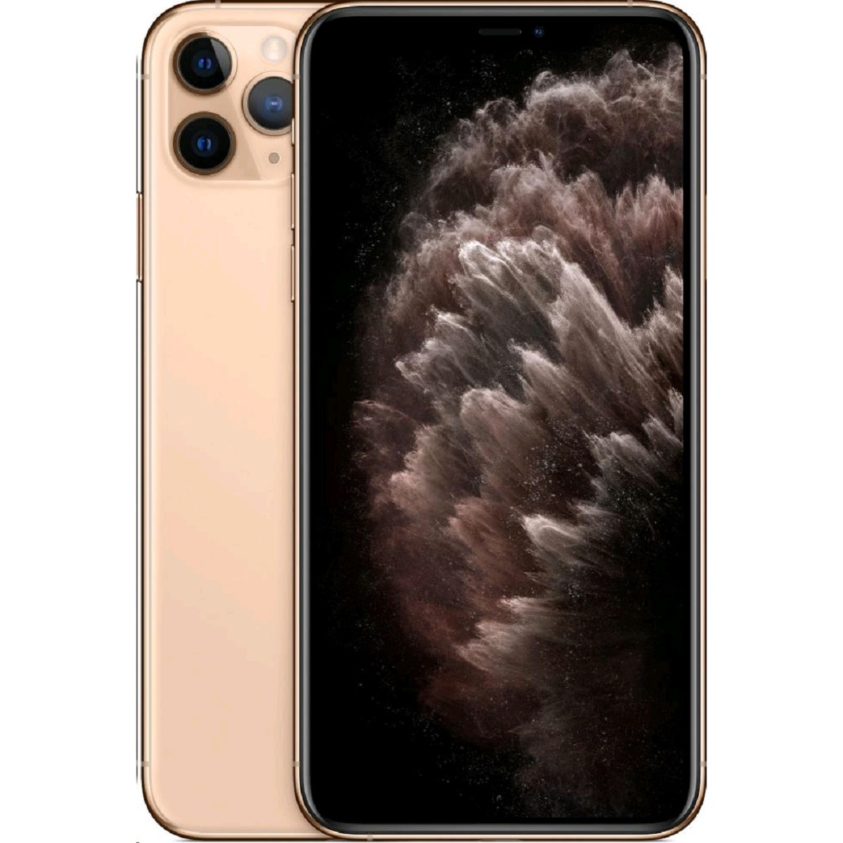 Gold Apple iPhone 11 Pro Max with a 64GB capacity, featuring a sleek glass back, triple camera system, and vibrant display showcasing a dark, swirling abstract wallpaper.