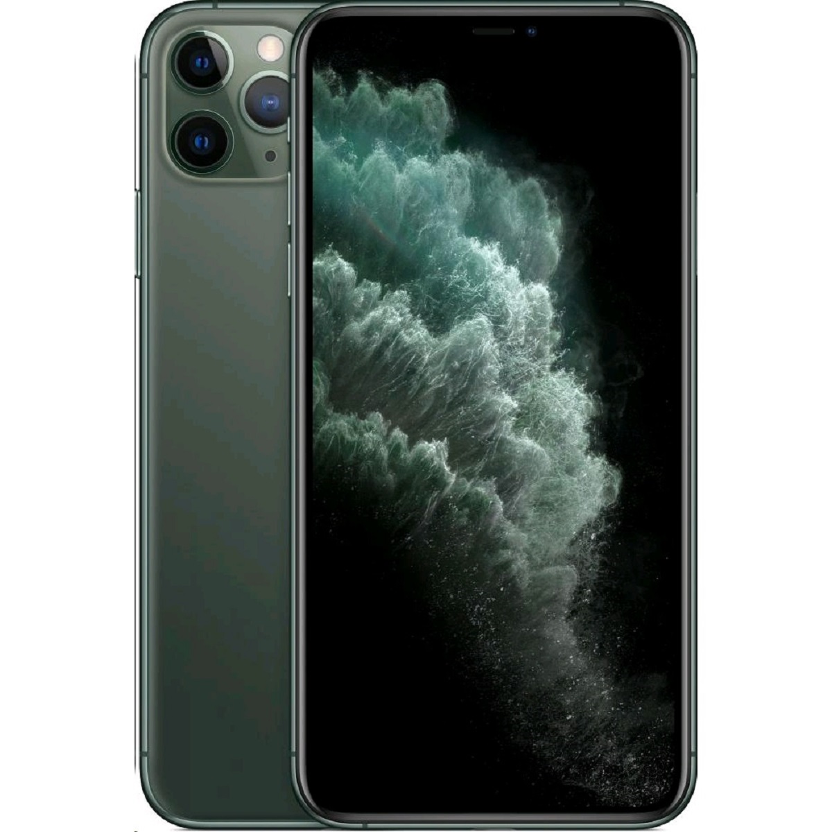 Midnight Green Apple iPhone 11 Pro Max with a 64GB capacity, featuring a sleek glass back, triple-camera system, and a vibrant display showcasing abstract green and black patterns.