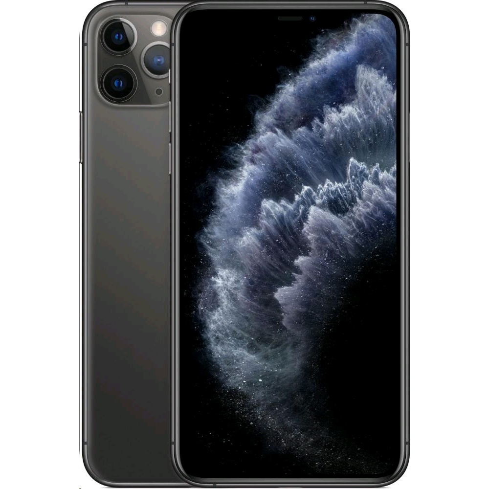 Apple iPhone 11 Pro Max in Space Grey, featuring a sleek glass and metal design, triple rear cameras, and a vibrant display, with a 64GB storage capacity.