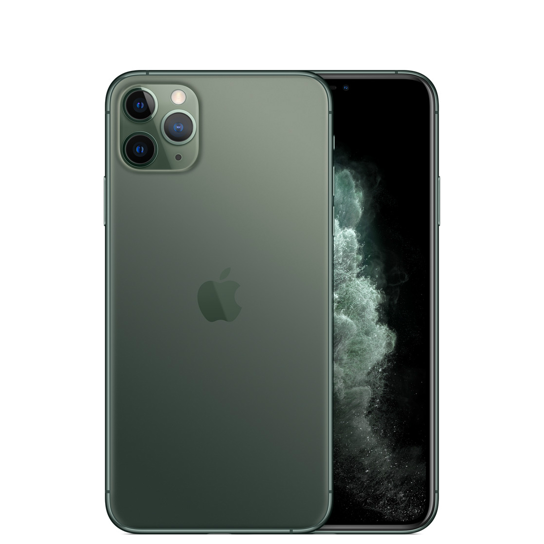 Midnight Green Apple iPhone 11 Pro Max with a sleek glass back, triple camera system, and a vibrant display showcasing a dark, textured background.