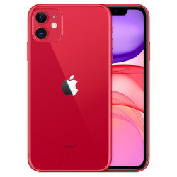 Red iPhone 11 with 128GB storage, featuring a glossy finish, dual rear cameras, and a vibrant display showcasing the home screen.