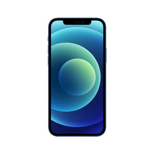 Blue Apple iPhone 12 with a 128GB capacity, featuring a sleek glass front, minimal bezels, and a vibrant display showcasing circular graphics.