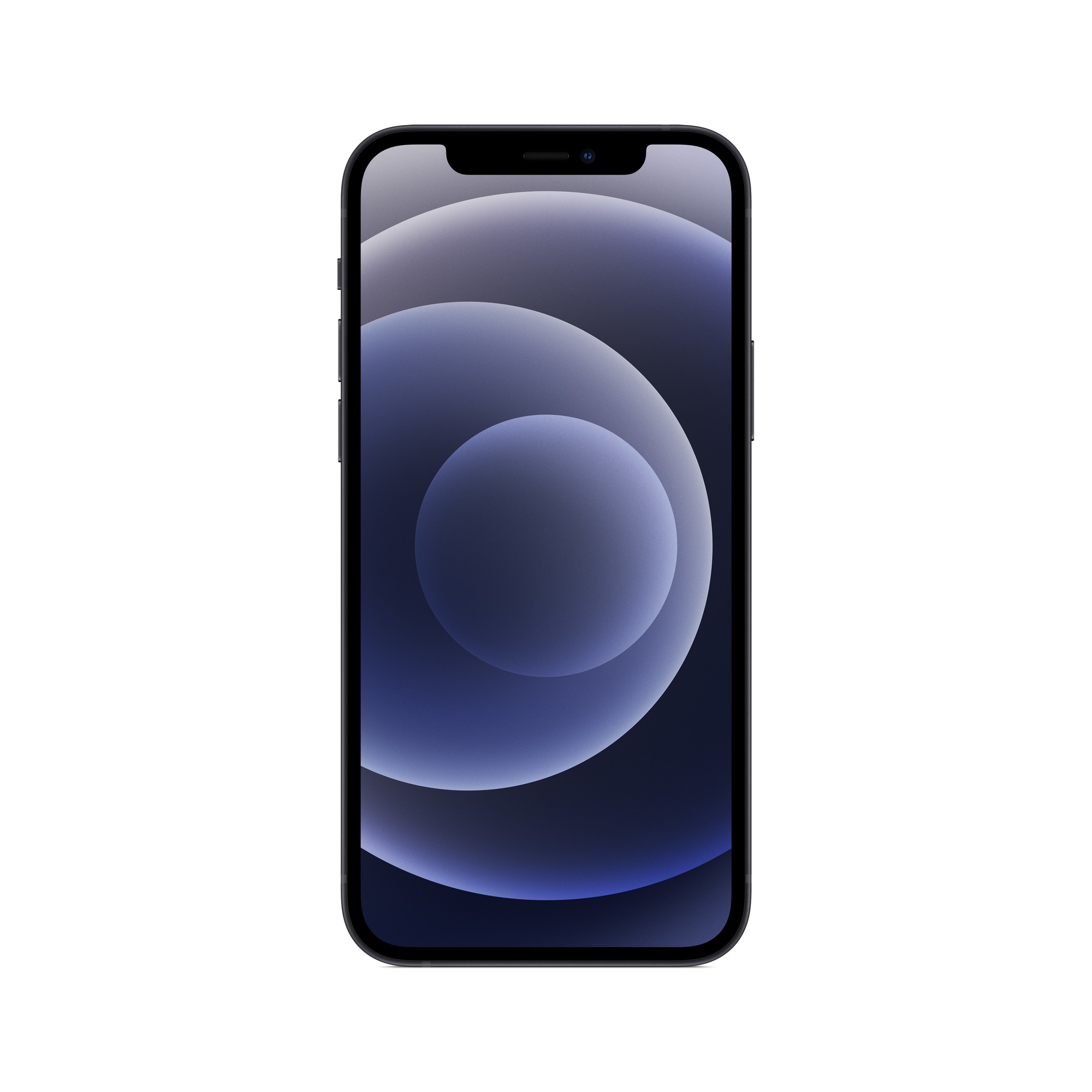 Black Apple iPhone 12 with a 64GB capacity, featuring a sleek glass front and back, a vibrant display with rounded corners, and a minimalistic design.