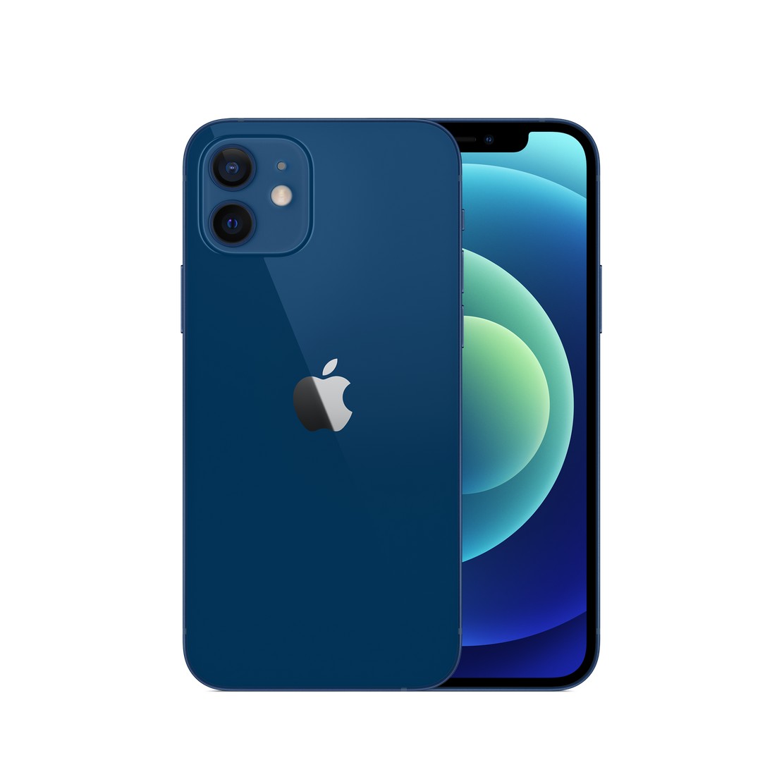 Blue Apple iPhone 12 with 64GB capacity, featuring a sleek glass back, dual-camera system, and the iconic Apple logo, in good condition.