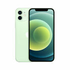 Green Apple iPhone 12 with a 64GB capacity, featuring a sleek glass back, dual rear cameras, and a vibrant display showcasing a circular design on the screen.