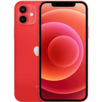 Red Apple iPhone 12 with dual rear cameras, 64GB capacity, and sleek design, showing front and back views.