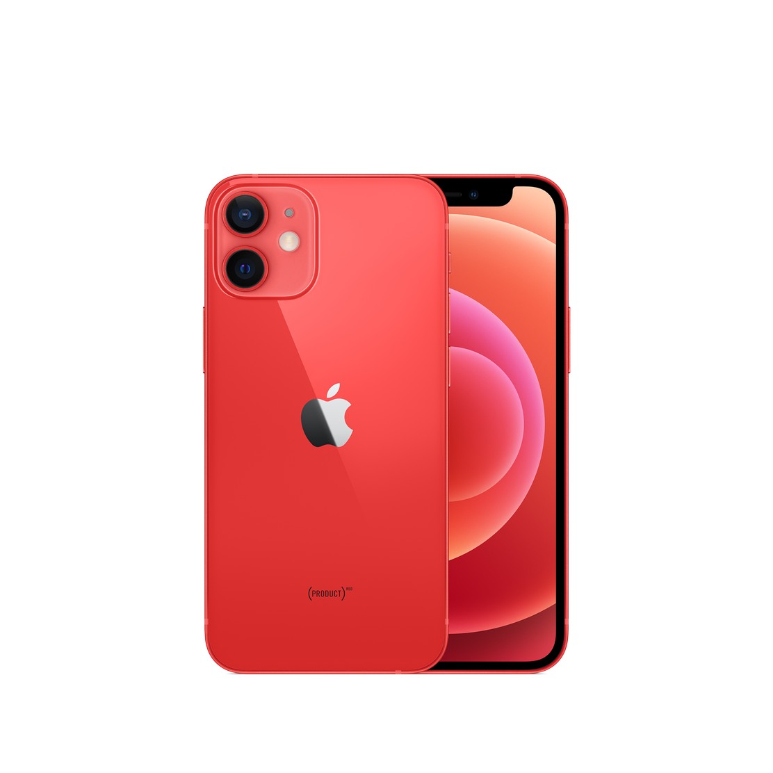 Red Apple iPhone 12 Mini with 128GB capacity, featuring a sleek glass back, dual-camera setup, and vibrant display, shown from both front and back angles.