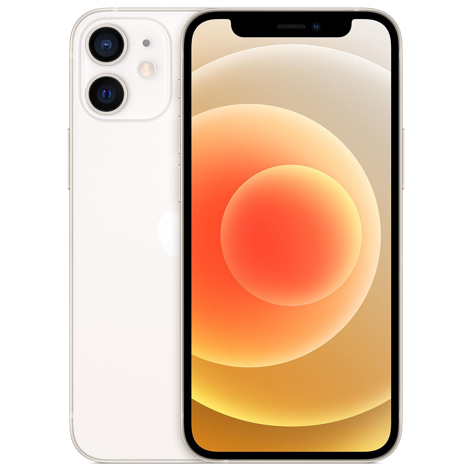 White Apple iPhone 12 Mini with a 128GB capacity, featuring a sleek glass back, dual rear cameras, and a vibrant display showcasing a circular orange and peach gradient.