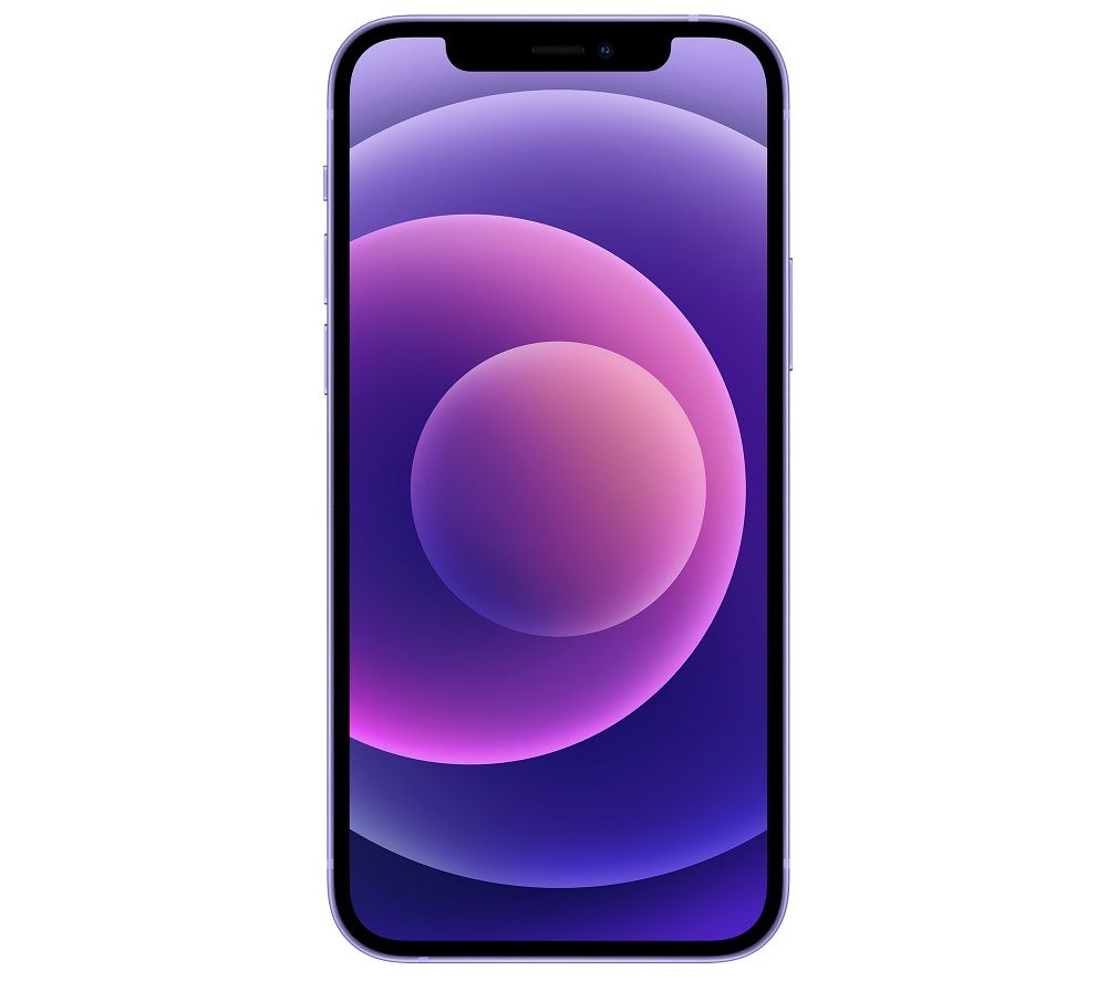 Apple iPhone 12 Mini in purple, featuring a sleek glass front and back, 128GB capacity, and a vibrant display with rounded edges, in excellent condition.