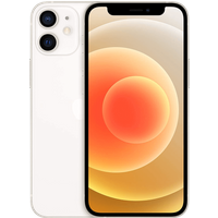 White Apple iPhone 12 Mini, 64GB, with dual rear cameras and edge-to-edge display, shown from front and back.