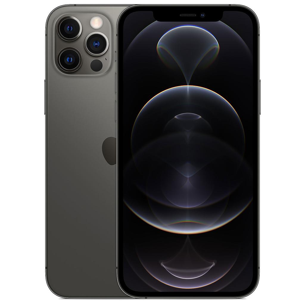 Graphite Apple iPhone 12 Pro with a 128GB capacity, featuring a sleek glass front, triple-camera system on the back, and a vibrant display.