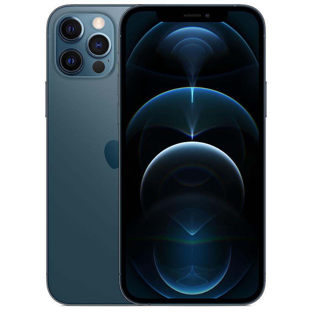 Apple iPhone 12 Pro in Pacific Blue, featuring a sleek glass and stainless steel design, triple-camera system, and a vibrant display, with 128GB storage capacity.