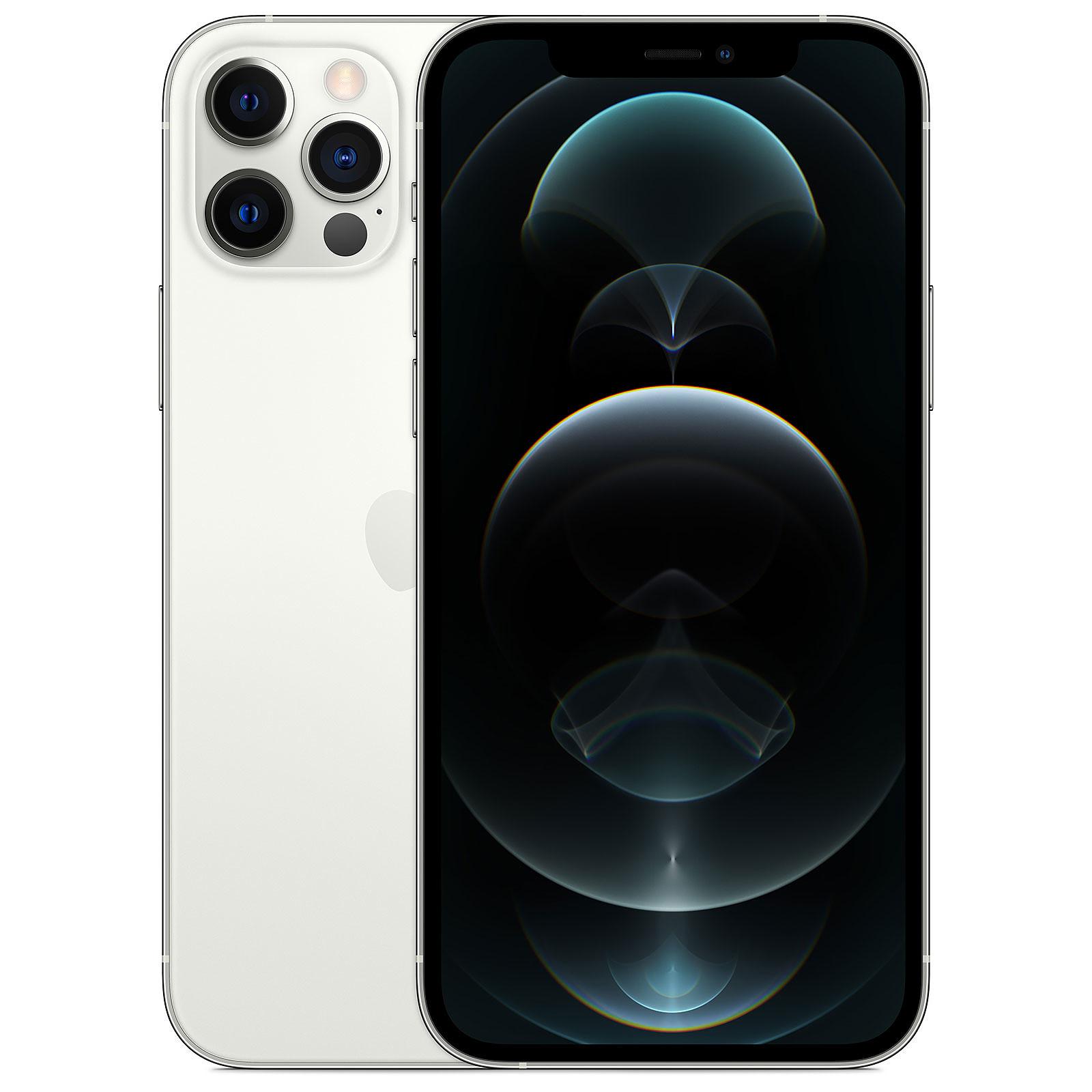 Silver Apple iPhone 12 Pro with 256GB capacity, featuring a sleek glass back, triple-camera system, and vibrant display showcasing a dark, abstract design.