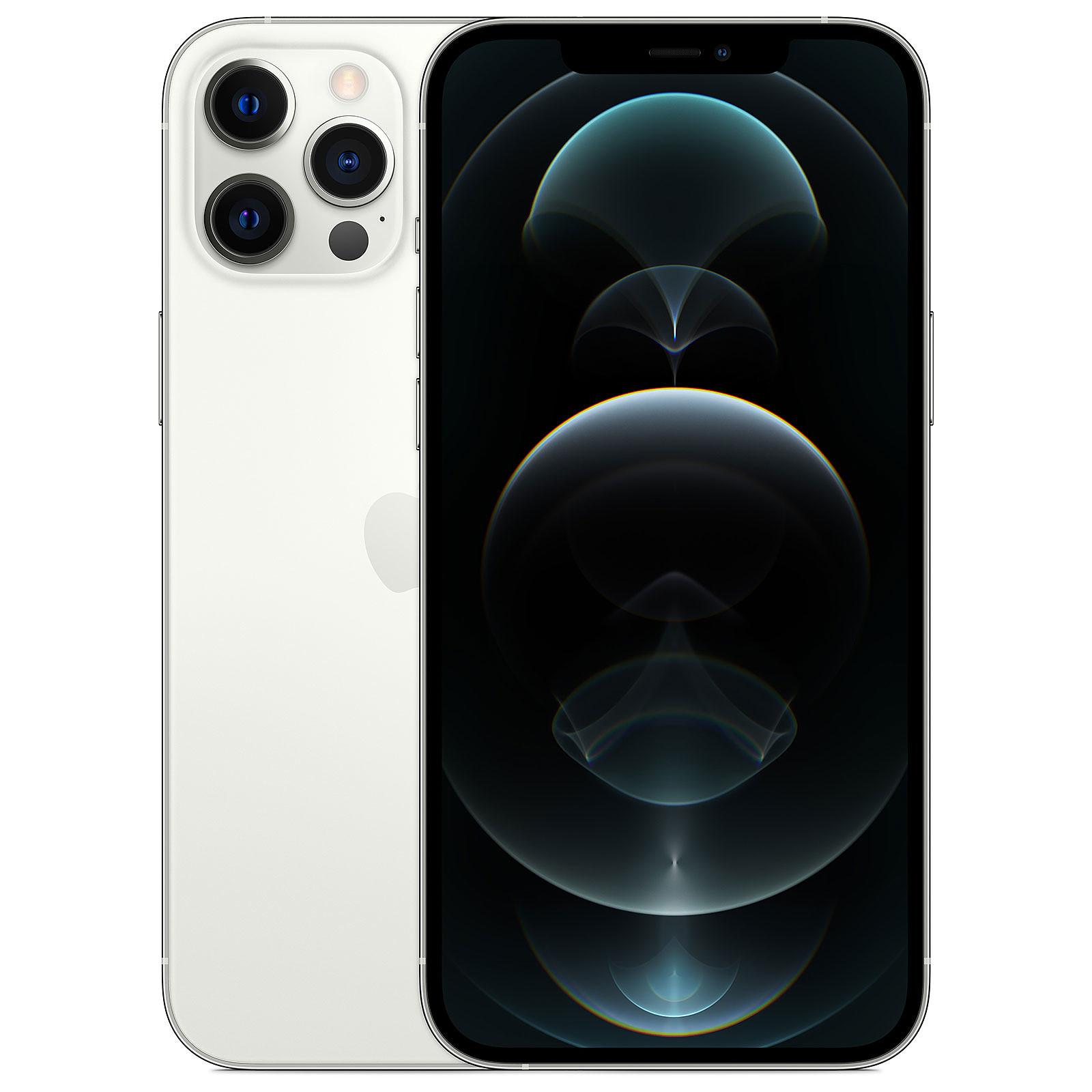 Silver Apple iPhone 12 Pro Max with a 128GB capacity, featuring a glass front and back, triple rear camera setup, and a sleek design.