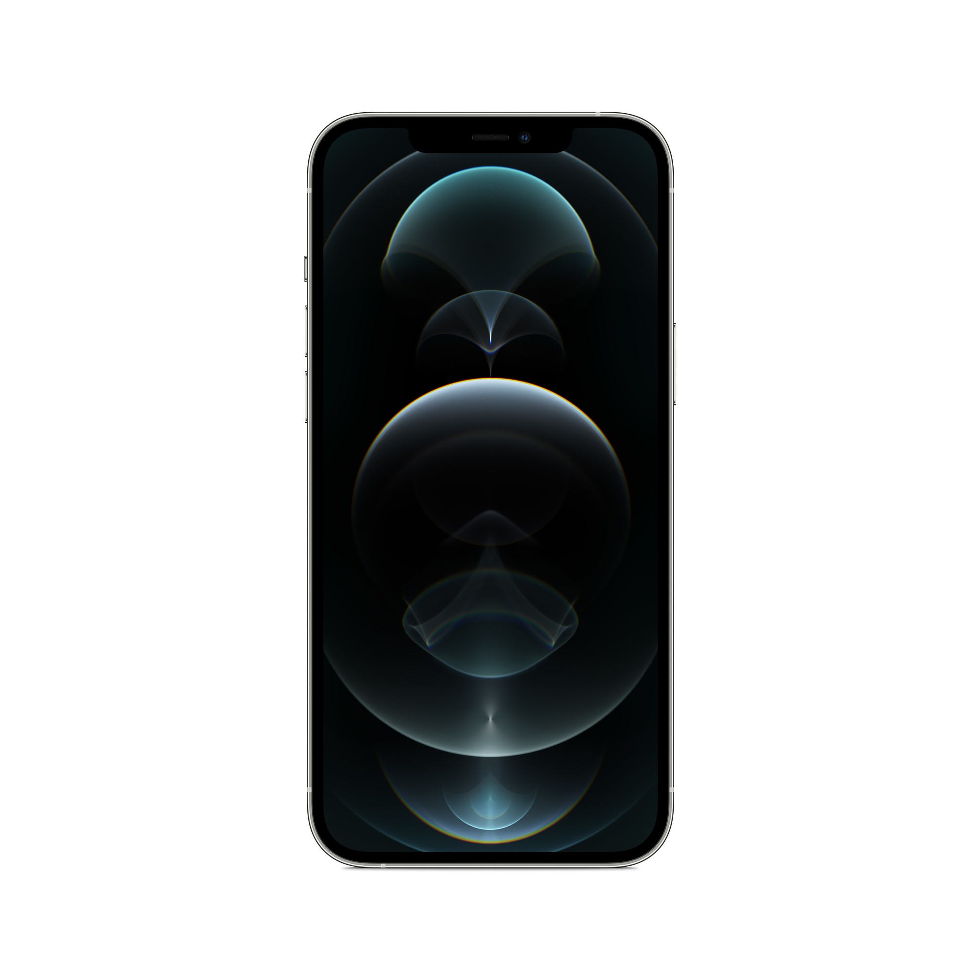 Silver Apple iPhone 12 Pro Max with a 256GB capacity, featuring a sleek glass front and back, stainless steel edges, and a vibrant display showcasing a dark abstract design.