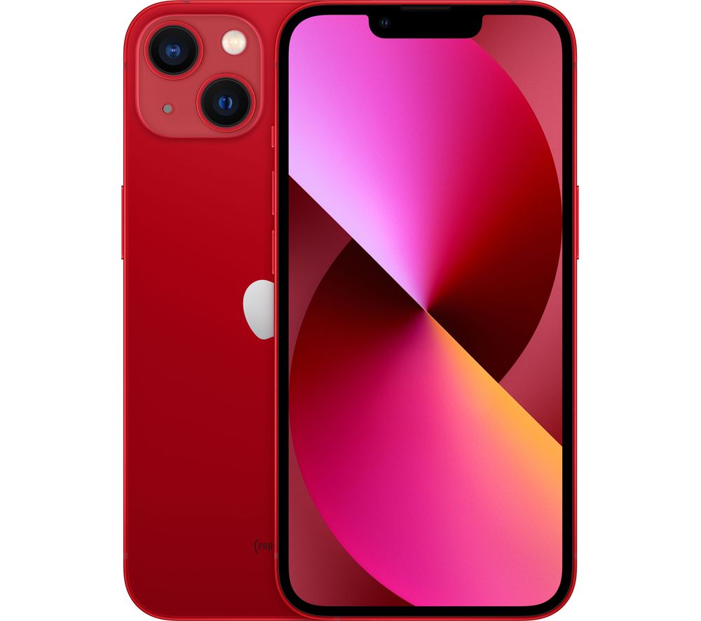 Red Apple iPhone 13 with a 256GB capacity, featuring a sleek glass back, dual-camera setup, and a vibrant display showcasing a pink and yellow gradient.