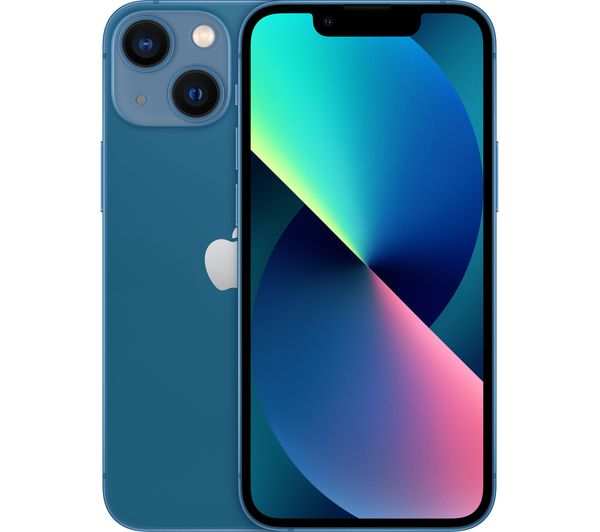 Apple iPhone 13 Mini in blue with a 128GB capacity, featuring a sleek design, dual rear cameras, and a vibrant display showcasing a gradient background.