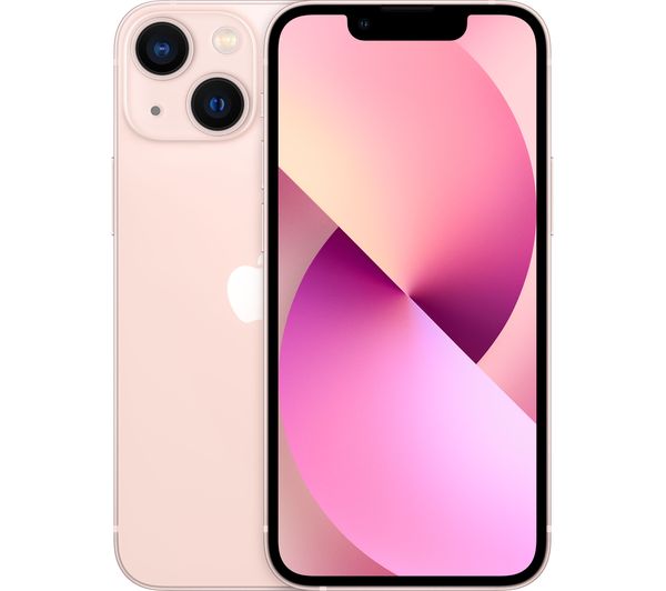 Pink Apple iPhone 13 Mini with a 128GB capacity, featuring a dual-camera system on the back and a vibrant display showing a gradient design.