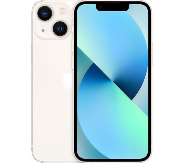 Apple iPhone 13 Mini in Starlight color, featuring a 128GB capacity, with a sleek glass back, dual-camera setup, and a vibrant display showing a blue-green gradient.