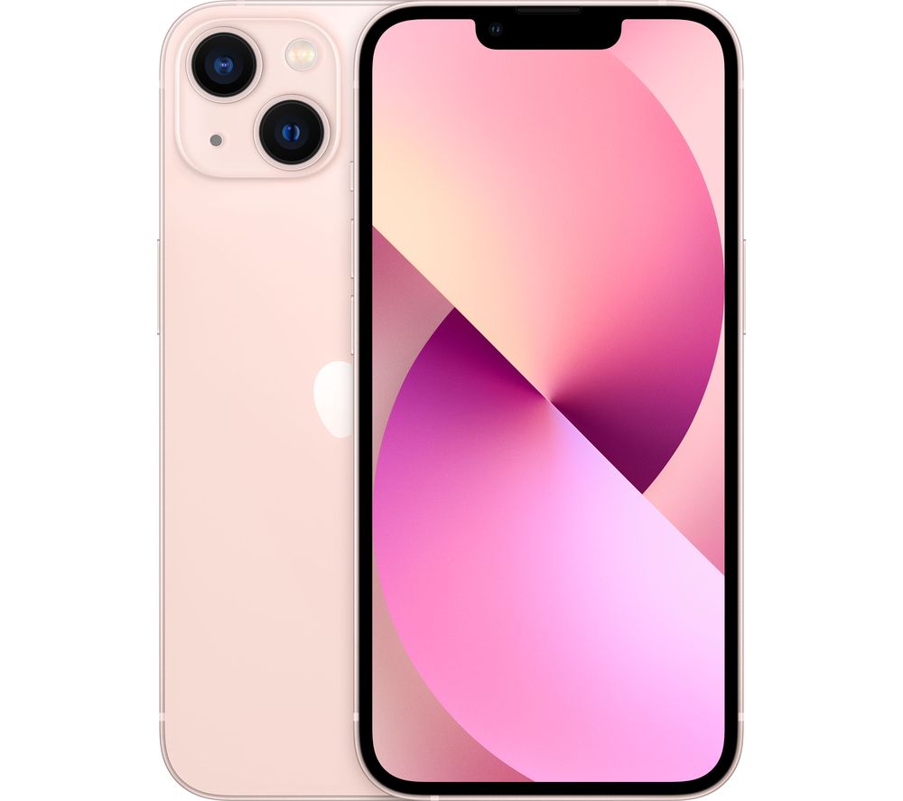 Pink Apple iPhone 13 with a 256GB capacity, featuring a sleek glass front and back, dual rear cameras, and a vibrant display showcasing a gradient design.