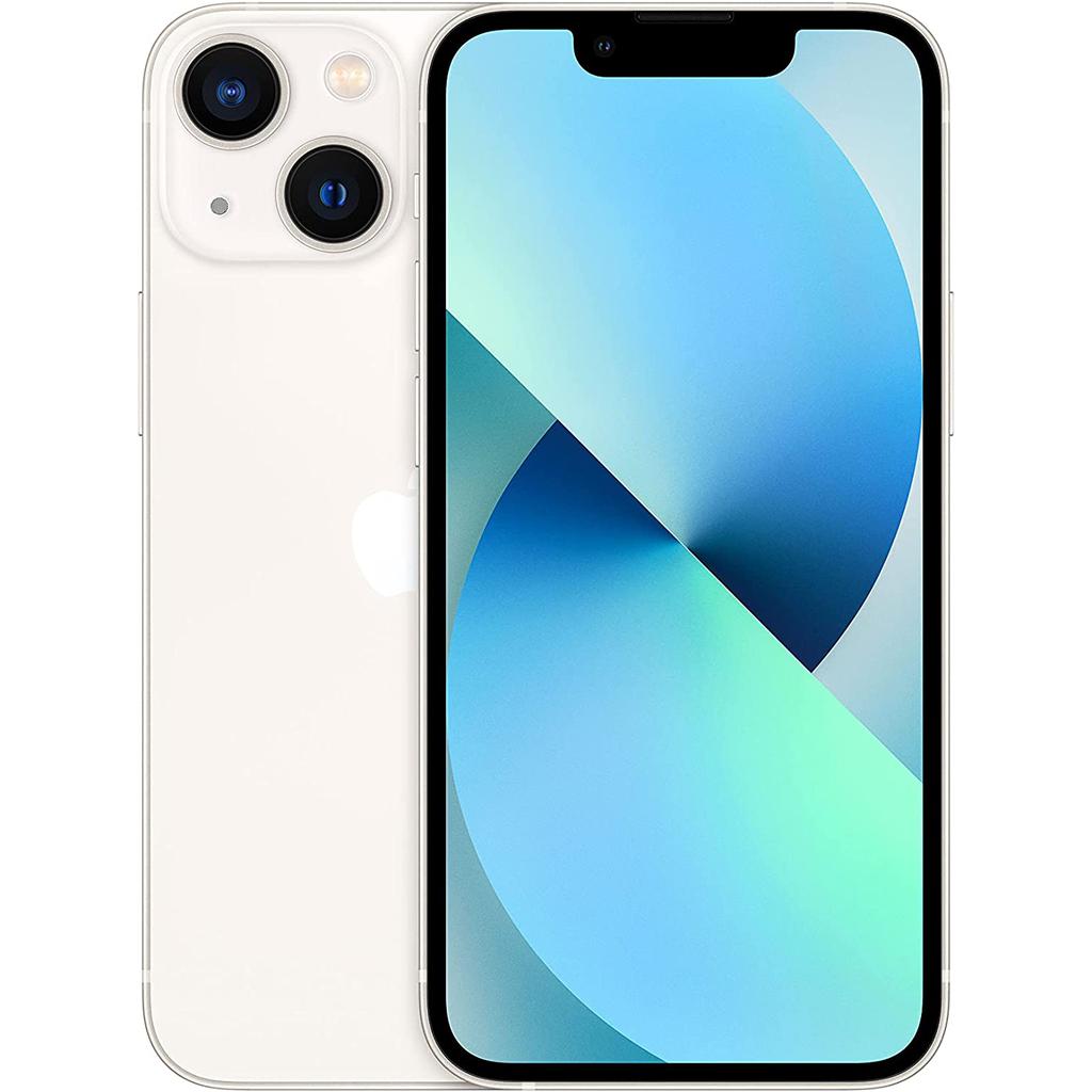 Apple iPhone 13 Mini in Starlight color with a 256GB capacity, featuring a sleek design, dual rear cameras, and a vibrant display.