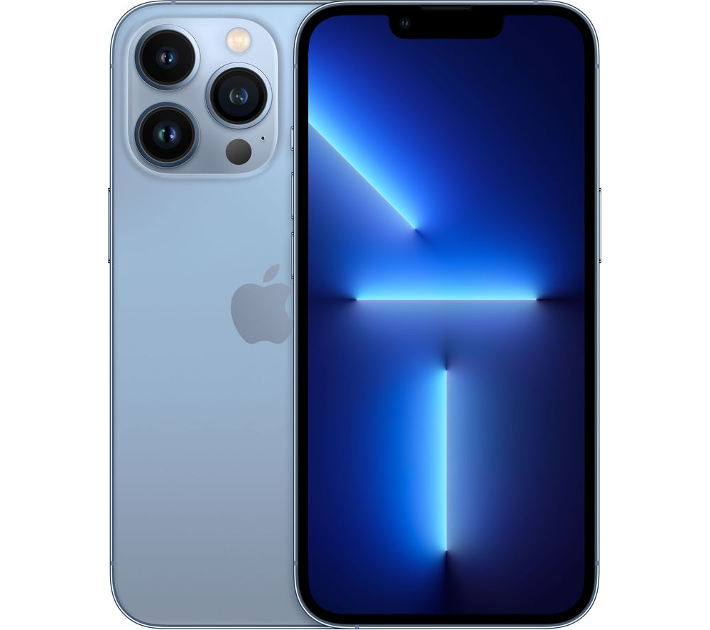 Sierra Blue Apple iPhone 13 Pro with 128GB capacity, featuring a sleek glass back, triple camera system, and vibrant display with a blue light effect.
