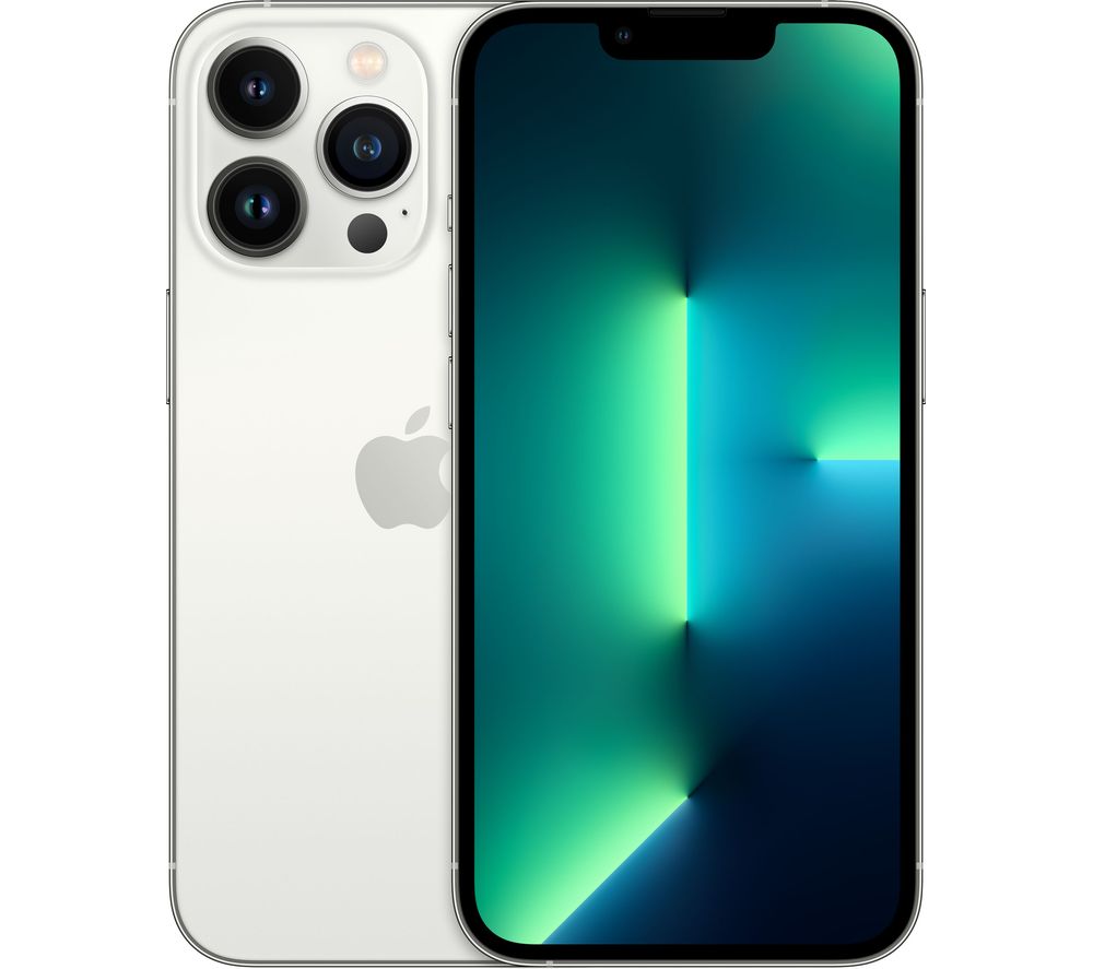 Silver Apple iPhone 13 Pro with 128GB capacity, featuring a sleek glass back, triple-camera system, and vibrant display with a green and blue gradient background.