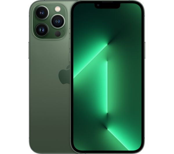 Alpine Green Apple iPhone 13 Pro Max with 128GB capacity, featuring a sleek glass back, triple-camera system, and vibrant display.