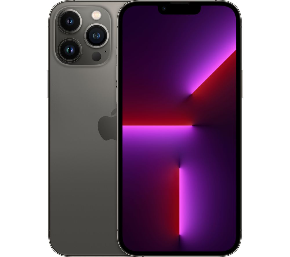 Graphite Apple iPhone 13 Pro Max with a 256GB capacity, featuring a sleek glass back, triple-camera system, and vibrant display with a purple and pink gradient.