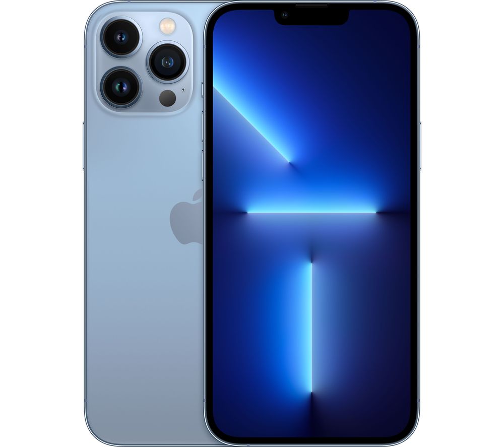Sierra Blue Apple iPhone 13 Pro Max with a 256GB capacity, featuring a sleek glass back, triple-camera system, and vibrant display with a blue geometric wallpaper.
