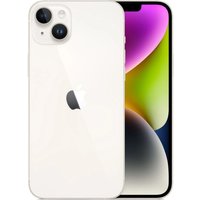 White Apple iPhone 14 with dual rear cameras, edge-to-edge display, and black notch.