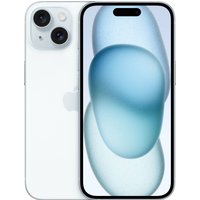 Blue Apple iPhone 15 with dual rear cameras, sleek design, and 128GB storage capacity.