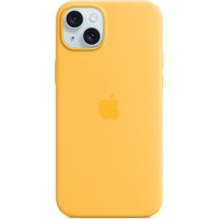 Yellow silicone iPhone 15 Plus case with MagSafe, featuring Apple logo and dual camera cutout.